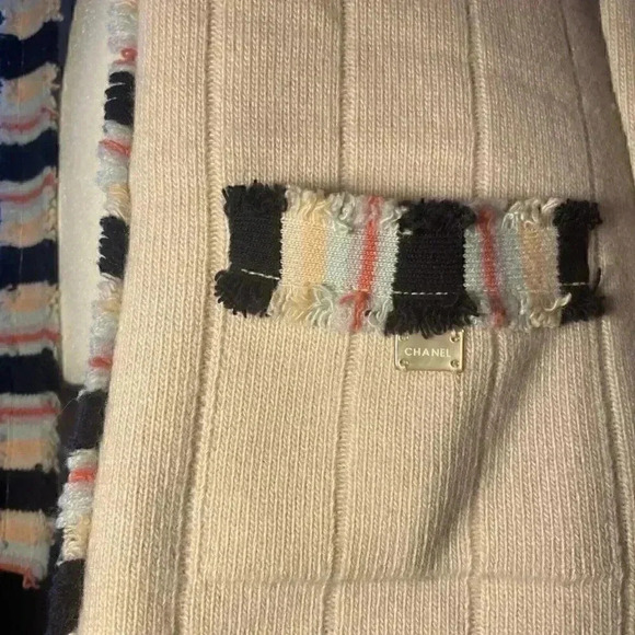 CHANEL Cashmere Cardigan 36 Small S Long Sweater Fringe Striped Front 2 Pockets - Picture 6 of 11